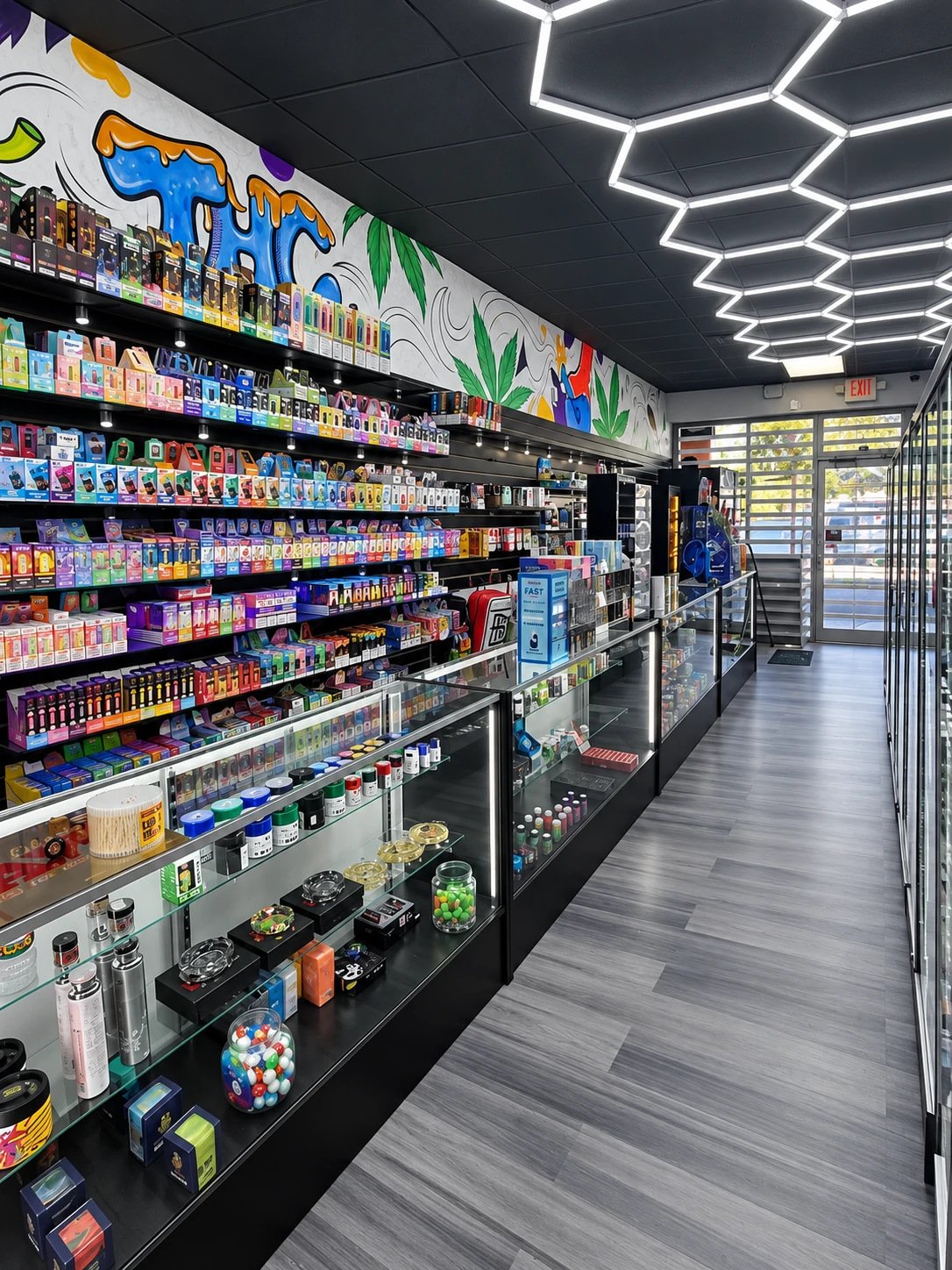 The main aisle at Jacksonville under a line of hex lights
